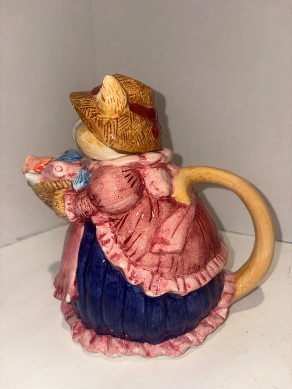 Hand-Painted Pink Ceramic Cat Figurine with Basket of Fish Teapot- Vintage